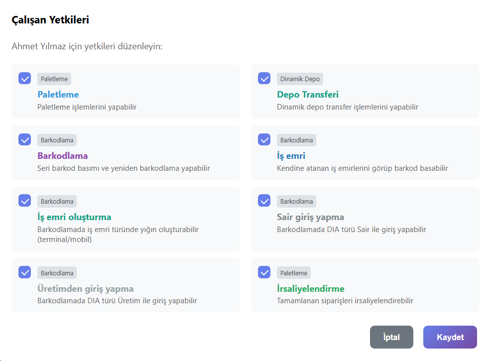 Çalışan yetkileri ekran görüntüsü